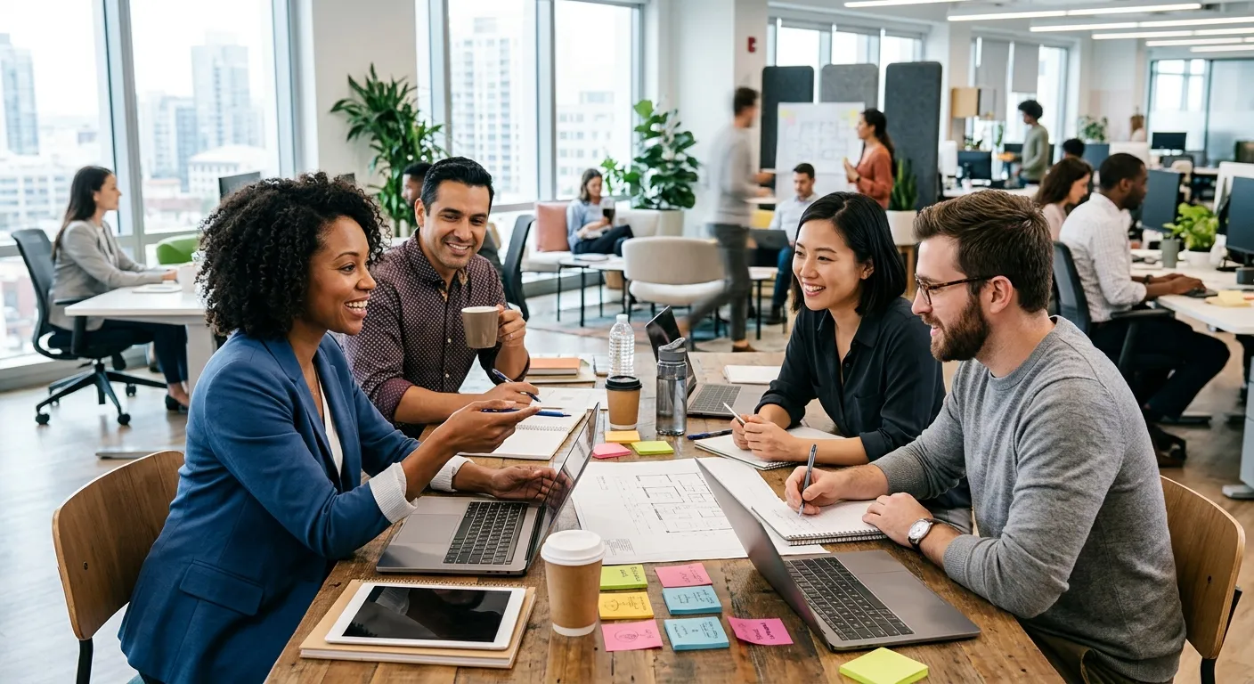 A diverse group of modern professionals collaborating in a bright, open-plan office. Style is profes... A diverse group of modern professionals collaborating in a bright, open-plan office. Style is professional stock photography with a focus on teamwork and dynamic energy. Mood is positive, efficient, and forward-thinking.