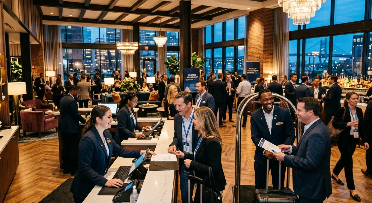 A dynamic, professional shot of a bustling, well-designed hotel lobby or event space in Boston, showcasing staff interacting with guests. The mood is energetic, modern, and high-end, with a focus on teamwork and service.