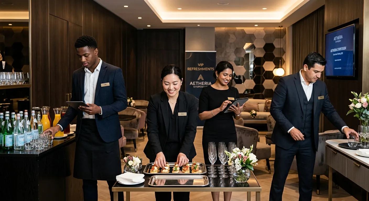 A dynamic, professional photo of a diverse team of well-dressed hospitality staff in a sleek event green room. They are preparing refreshments and checking tablets, conveying efficiency and luxury. Style: modern, high-contrast, vibrant. Mood: professional, energetic, and premium.