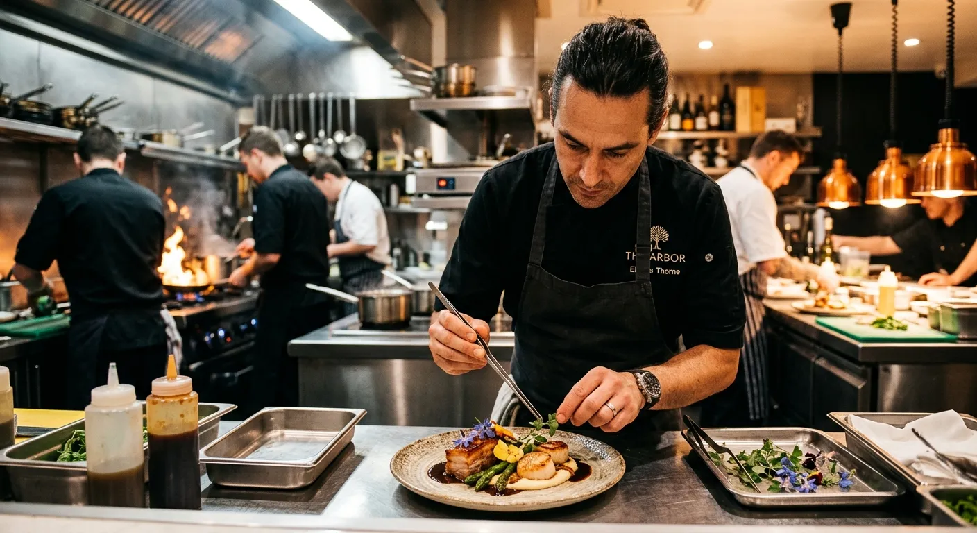 A high-contrast, professional photo of a chef in a busy, modern kitchen, plating a dish with precision. The mood is energetic, skilled, and high-end, with warm lighting highlighting the action.