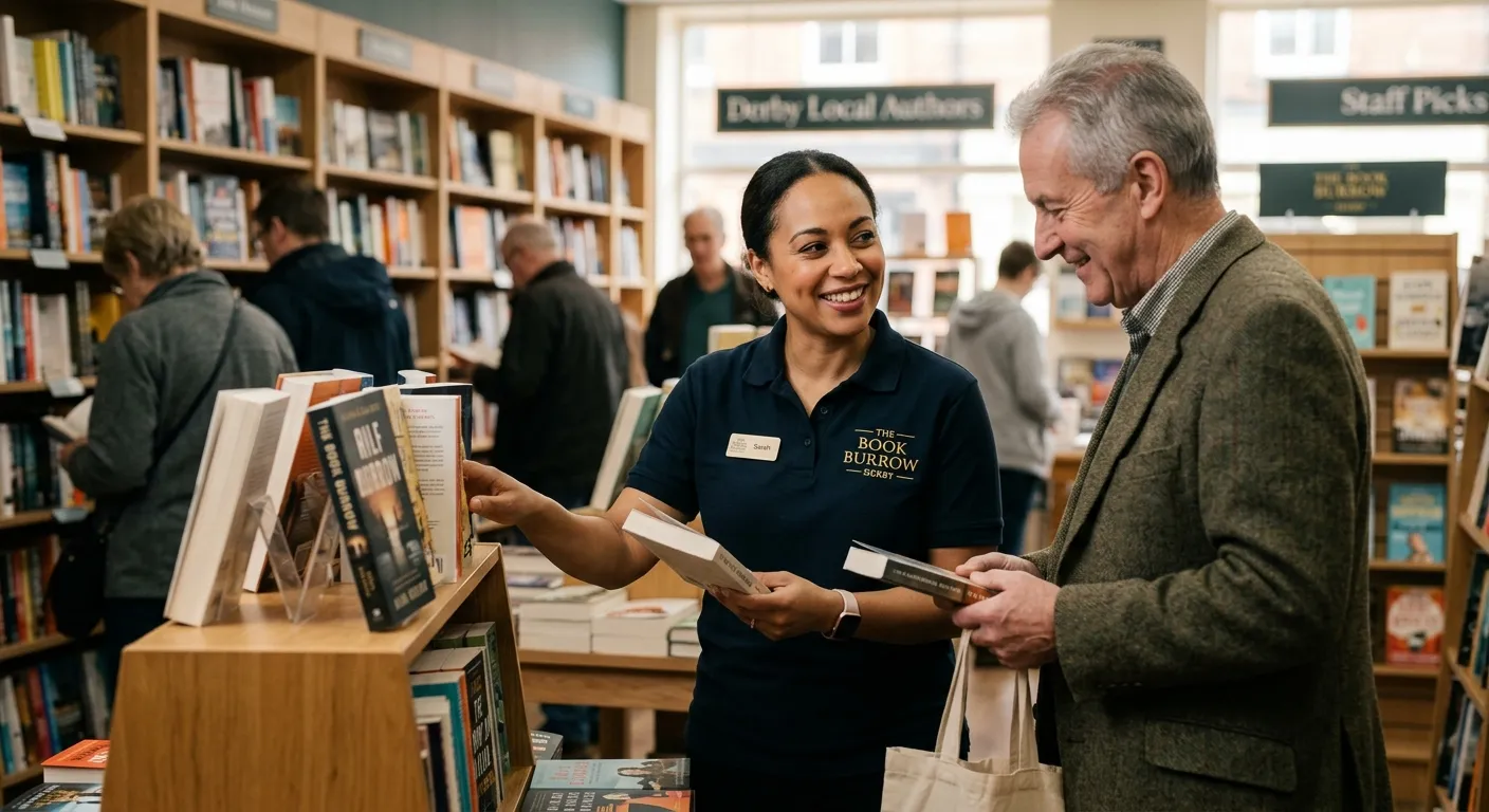A smiling, professional retail worker in a Derby store, wearing a uniform, assisting a customer. The... A smiling, professional retail worker in a Derby store, wearing a uniform, assisting a customer. The image should feel authentic and warm.