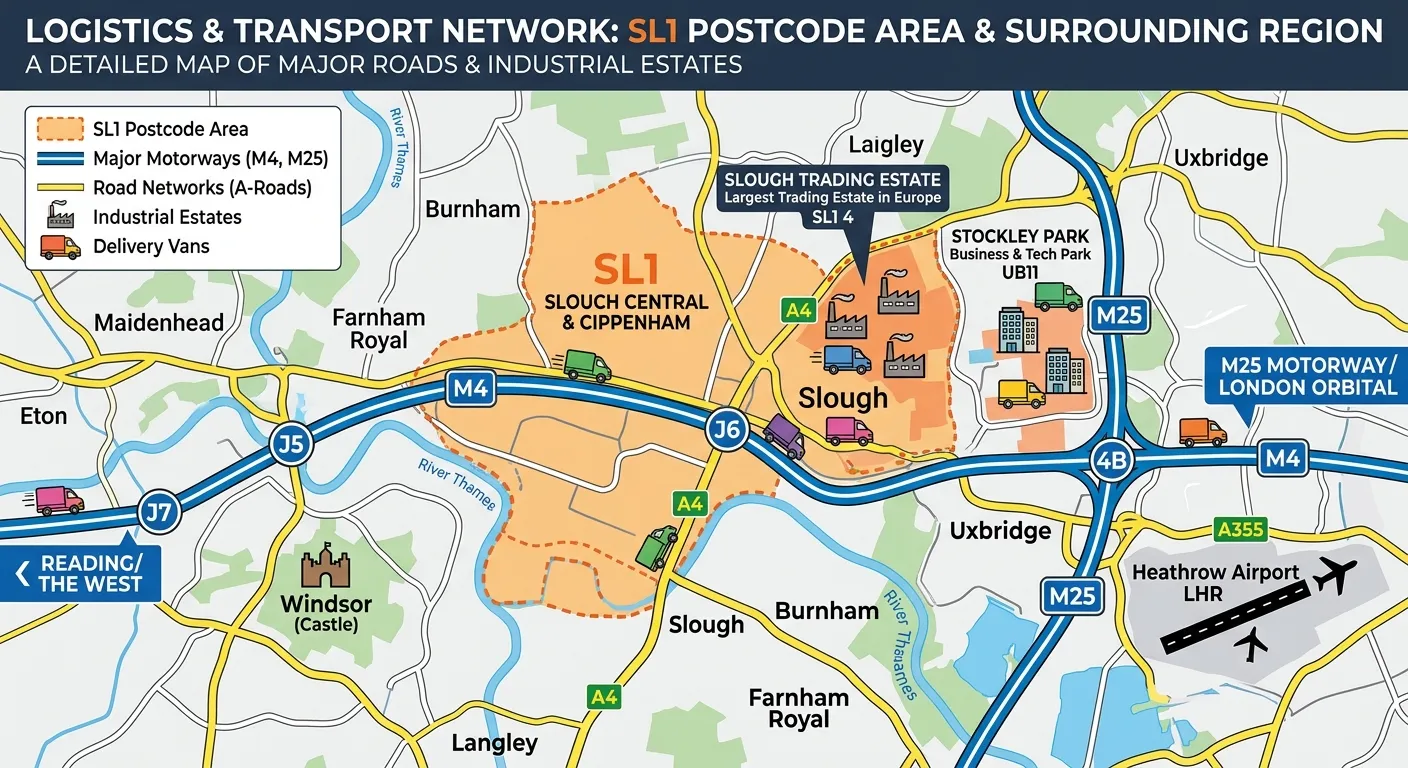 A detailed map infographic highlighting the SL1 postcode area, major road networks (M4, M25), and ke... A detailed map infographic highlighting the SL1 postcode area, major road networks (M4, M25), and key industrial estates like Slough Trading Estate and Stockley Park, with icons representing delivery vans.