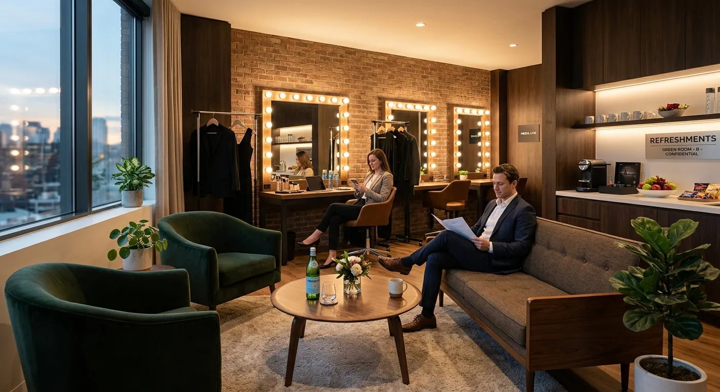 A modern, well-lit green room or backstage area in a professional setting, with comfortable seating,... A modern, well-lit green room or backstage area in a professional setting, with comfortable seating, vanity mirrors, refreshments, and a calm ambiance. The image should convey professionalism, preparation, and a premium experience.