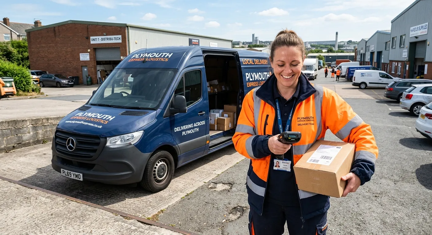 A confident, professional delivery driver in hi-vis clothing, smiling while using a handheld scanner... A confident, professional delivery driver in hi-vis clothing, smiling while using a handheld scanner next to a modern van in a sunny industrial estate in Plymouth, conveying efficiency and job satisfaction.