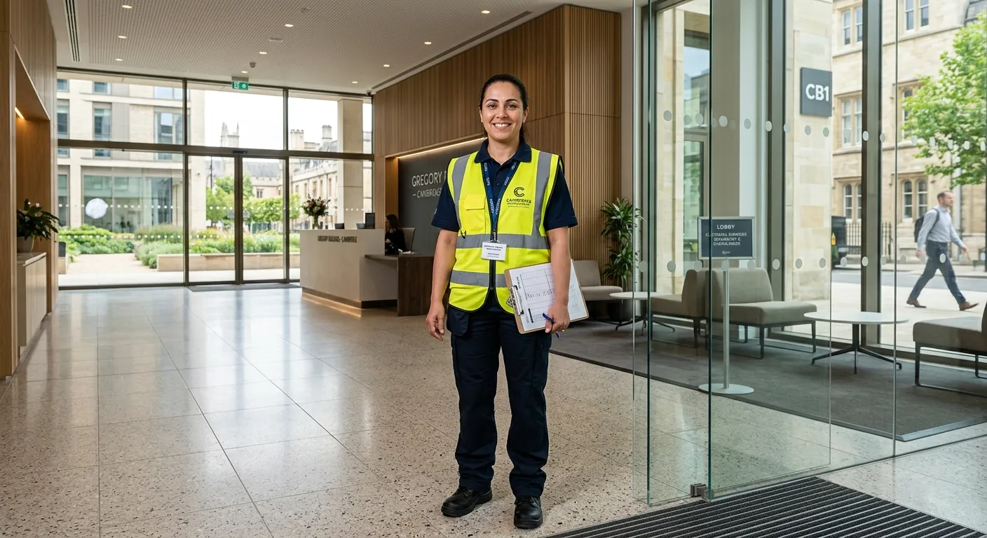 A professional, confident caretaker in a high-vis vest holding a clipboard, standing in the well-mai... A professional, confident caretaker in a high-vis vest holding a clipboard, standing in the well-maintained lobby of a modern commercial building in Cambridge. The image should convey reliability, cleanliness, and professionalism.