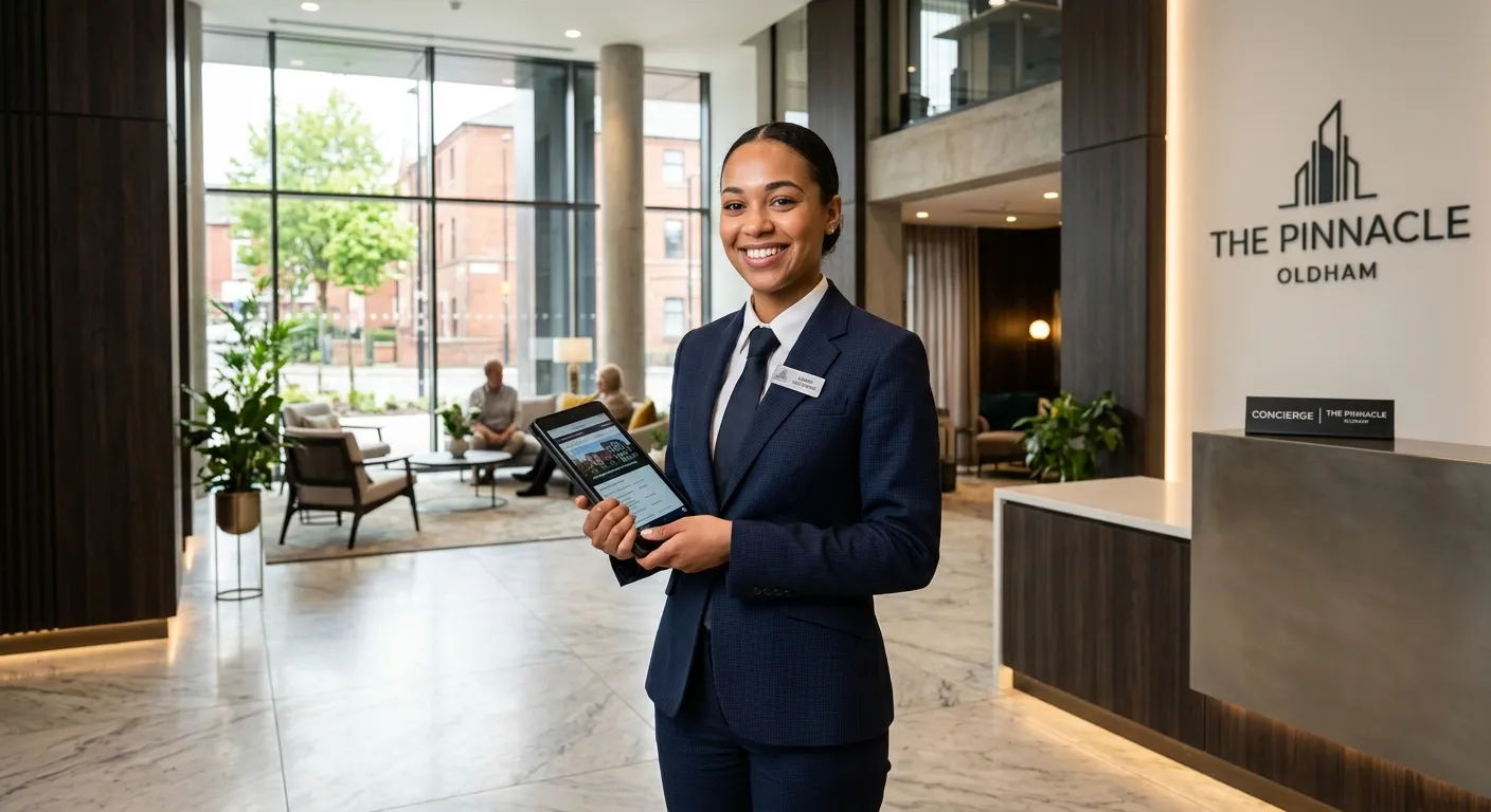 A professional, welcoming concierge in a smart uniform, holding a tablet and smiling, standing in th... A professional, welcoming concierge in a smart uniform, holding a tablet and smiling, standing in the well-maintained lobby of a modern apartment building in Oldham. Style: Bright, realistic corporate photography. Mood: Trustworthy, efficient, and welcoming.
