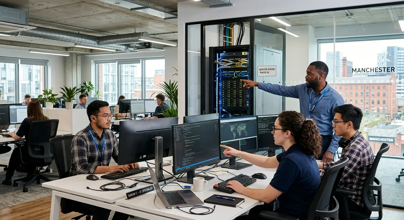 A professional, diverse team of IT support technicians collaborating in a modern Manchester office environment, with one pointing at a server rack, others at desks with multiple monitors. Style: Professional, bright, authentic. Mood: Collaborative, skilled, efficient.