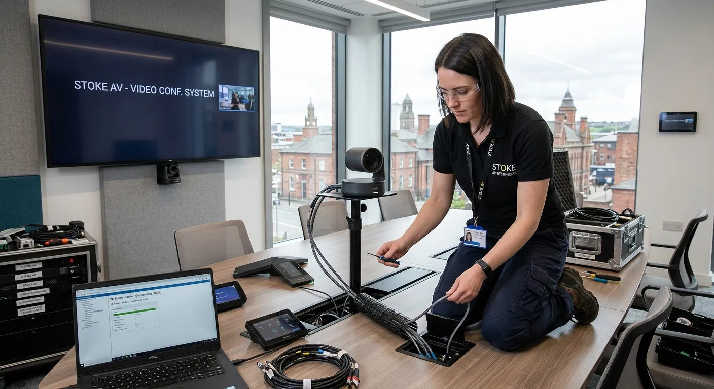 A professional CV/AV Technician setting up a video conferencing system in a modern Stoke-on-Trent conference room, showcasing technical expertise and attention to detail.