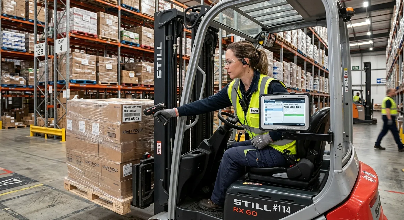 A professional forklift operator in a modern warehouse, using a handheld RF scanner to check a palle... A professional forklift operator in a modern warehouse, using a handheld RF scanner to check a pallet label against a tablet mounted on the forklift, with warehouse racking in the background.