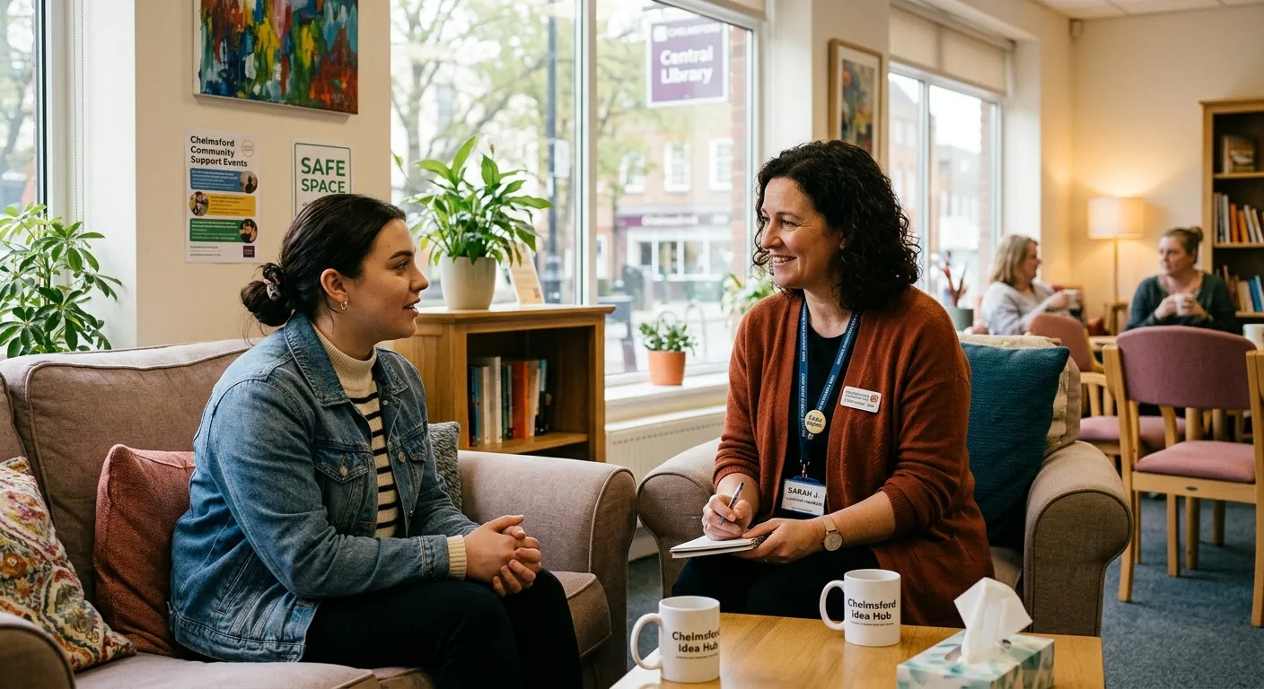A professional, warm, and empathetic photo of a Mental Health Support Worker in a community setting... A professional, warm, and empathetic photo of a Mental Health Support Worker in a community setting in Chelmsford, engaging with a client in a comfortable, well-lit room. The mood should be supportive, trustworthy, and professional.