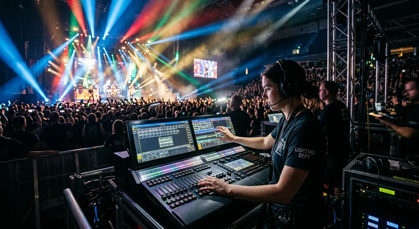 A dynamic, high-energy shot of a professional lighting crew in action at a large concert or theatre... A dynamic, high-energy shot of a professional lighting crew in action at a large concert or theatre event. The focus is on a technician at a lighting console, with vibrant beams of light cutting through a dark environment. Style: Professional, atmospheric, modern.