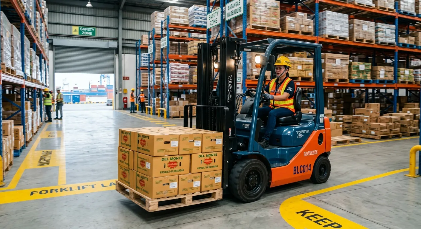 A dynamic, high-energy shot of a certified forklift operator expertly maneuvering a forklift in a mo... A dynamic, high-energy shot of a certified forklift operator expertly maneuvering a forklift in a modern, well-organized Batangas warehouse or industrial port. The image should convey efficiency, safety, and industrial prowess.