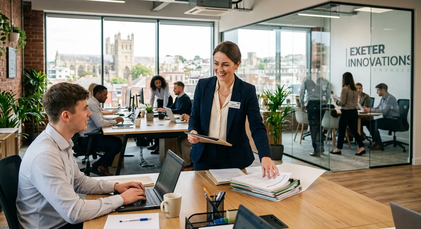 A professional, well-dressed Office Manager in a bright, modern Exeter office, smiling while organis... A professional, well-dressed Office Manager in a bright, modern Exeter office, smiling while organising documents and overseeing a team. The mood is competent, efficient, and welcoming.