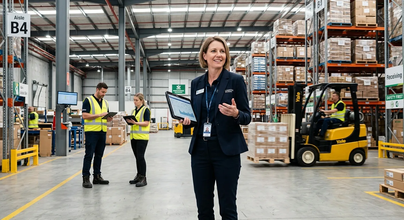 A modern, dynamic warehouse interior with a confident manager overseeing a team using tablets and fo... A modern, dynamic warehouse interior with a confident manager overseeing a team using tablets and forklifts in the background. Professional, high-energy mood with sharp focus on leadership.