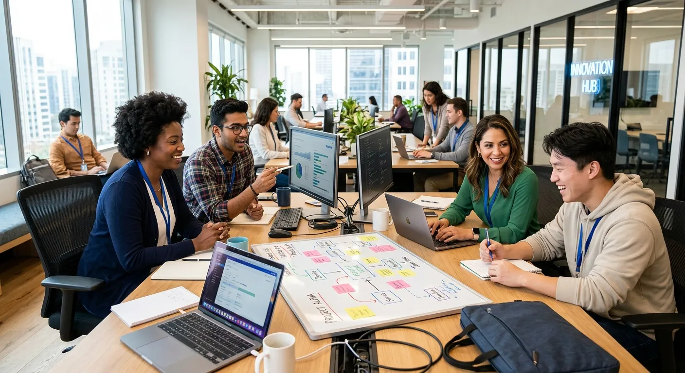 A dynamic, professional photograph of a diverse team of temporary workers collaborating in a modern, bright office environment. Focus on energy, teamwork, and a tech-forward atmosphere.