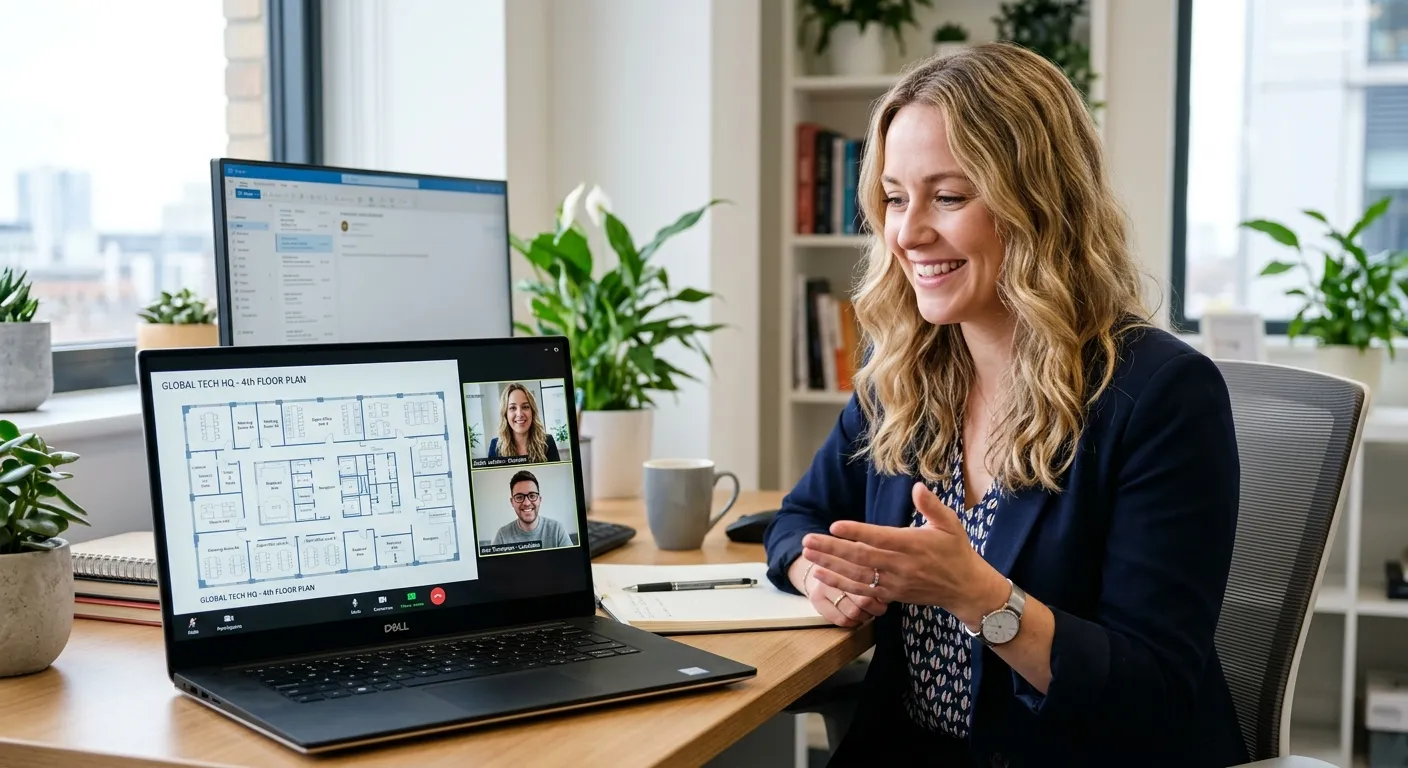 A friendly recruitment consultant on a video call with a candidate, both smiling, with a laptop scre... A friendly recruitment consultant on a video call with a candidate, both smiling, with a laptop screen showing a building floorplan