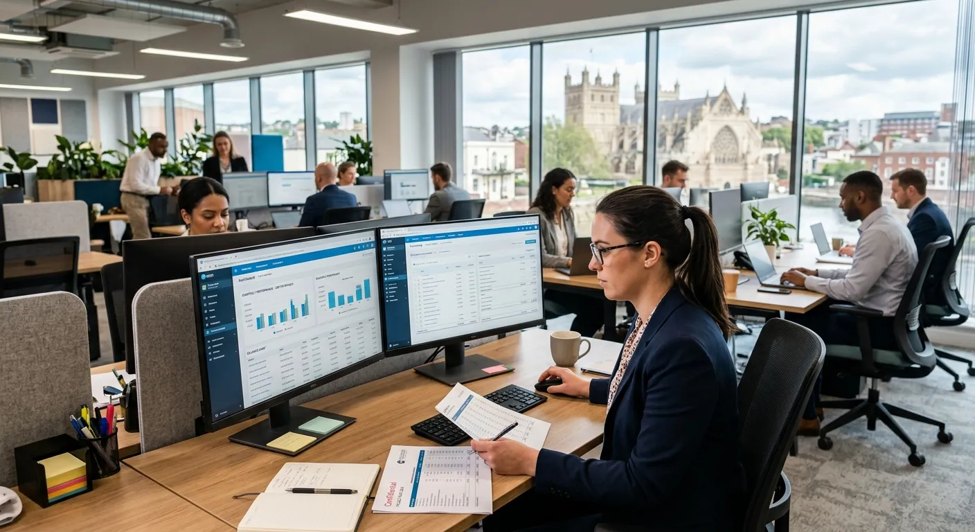 A modern, open-plan office in Exeter with professionals working, focused on a person reviewing financial reports on a dual-screen setup with accounting software visible.