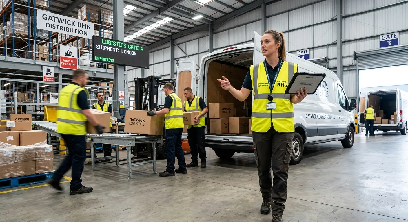 A professional, high-energy photo of a Warehouse Supervisor in a modern, busy distribution centre in... A professional, high-energy photo of a Warehouse Supervisor in a modern, busy distribution centre in Gatwick RH6. They are wearing a high-visibility vest, holding a tablet, and overseeing a team loading goods onto a van. The image should convey leadership, efficiency, and a dynamic work environment.