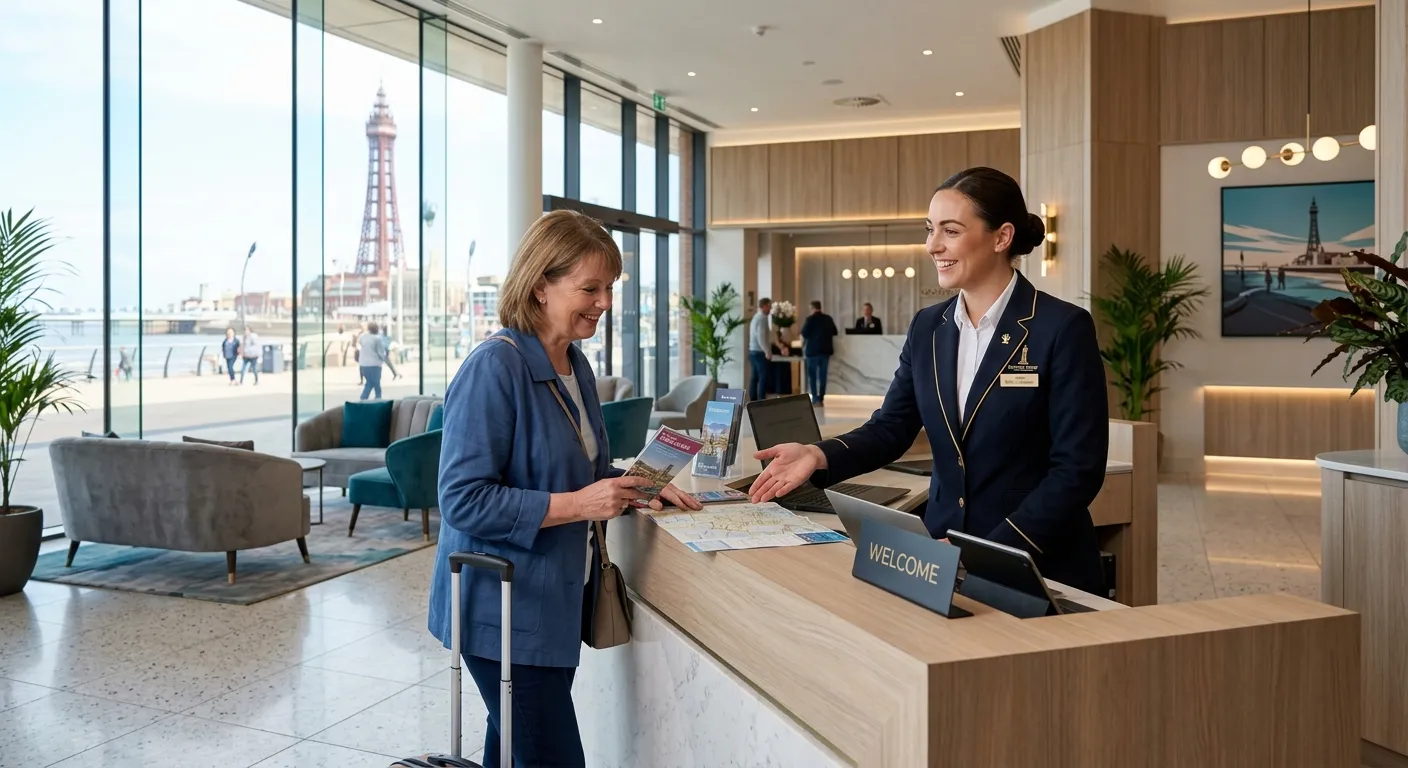 A professional, welcoming concierge in a smart uniform, smiling and assisting a guest in a modern hotel or residential building lobby in Blackpool, with natural light and a clean, upscale aesthetic.
