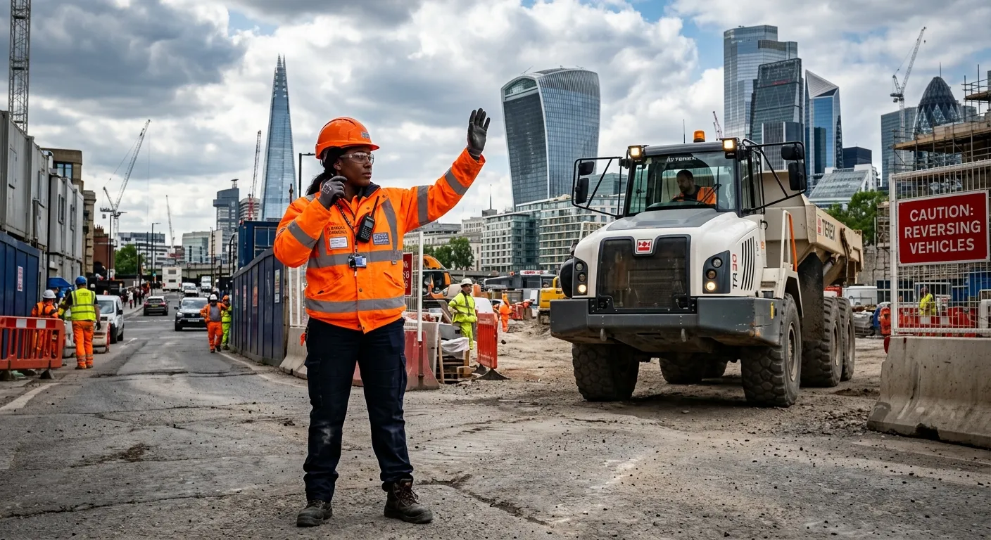 A professional, high-contrast hero image showing a certified banksman in high-visibility PPE, confidently directing a reversing construction vehicle on a busy London site. The mood is authoritative, safe, and efficient, with a focus on clear communication and urban backdrop.