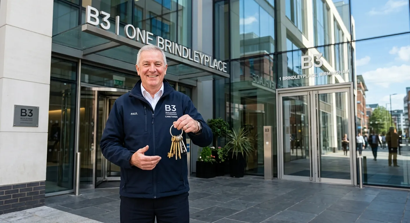 A professional, welcoming image of a modern commercial building in Birmingham B3, with a caretaker i... A professional, welcoming image of a modern commercial building in Birmingham B3, with a caretaker in smart uniform holding a set of keys, smiling at the camera. The style is bright, realistic, and conveys trust and professionalism.