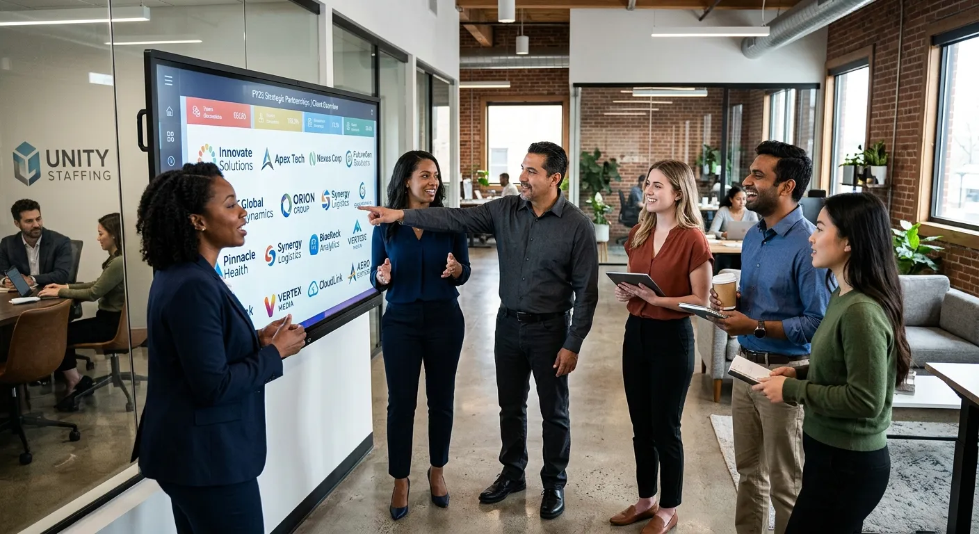 A modern, professional office of a staffing agency, with a diverse team collaborating around a large digital screen displaying various company logos and names. The mood is innovative, strategic, and dynamic.