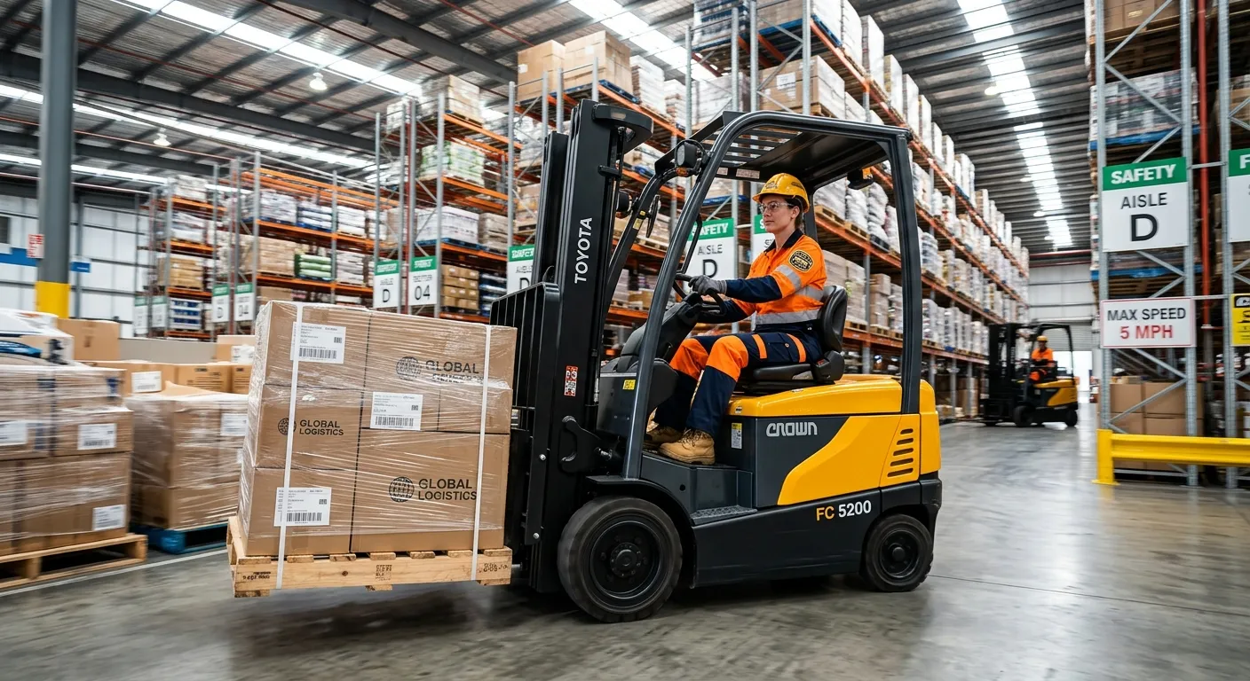 A dynamic, professional shot of a certified forklift operator in a modern, high-bay warehouse, safel... A dynamic, professional shot of a certified forklift operator in a modern, high-bay warehouse, safely maneuvering a pallet. The image should convey efficiency, safety, and industrial scale. Style: modern, high-contrast, with a focus on the operator's skill.