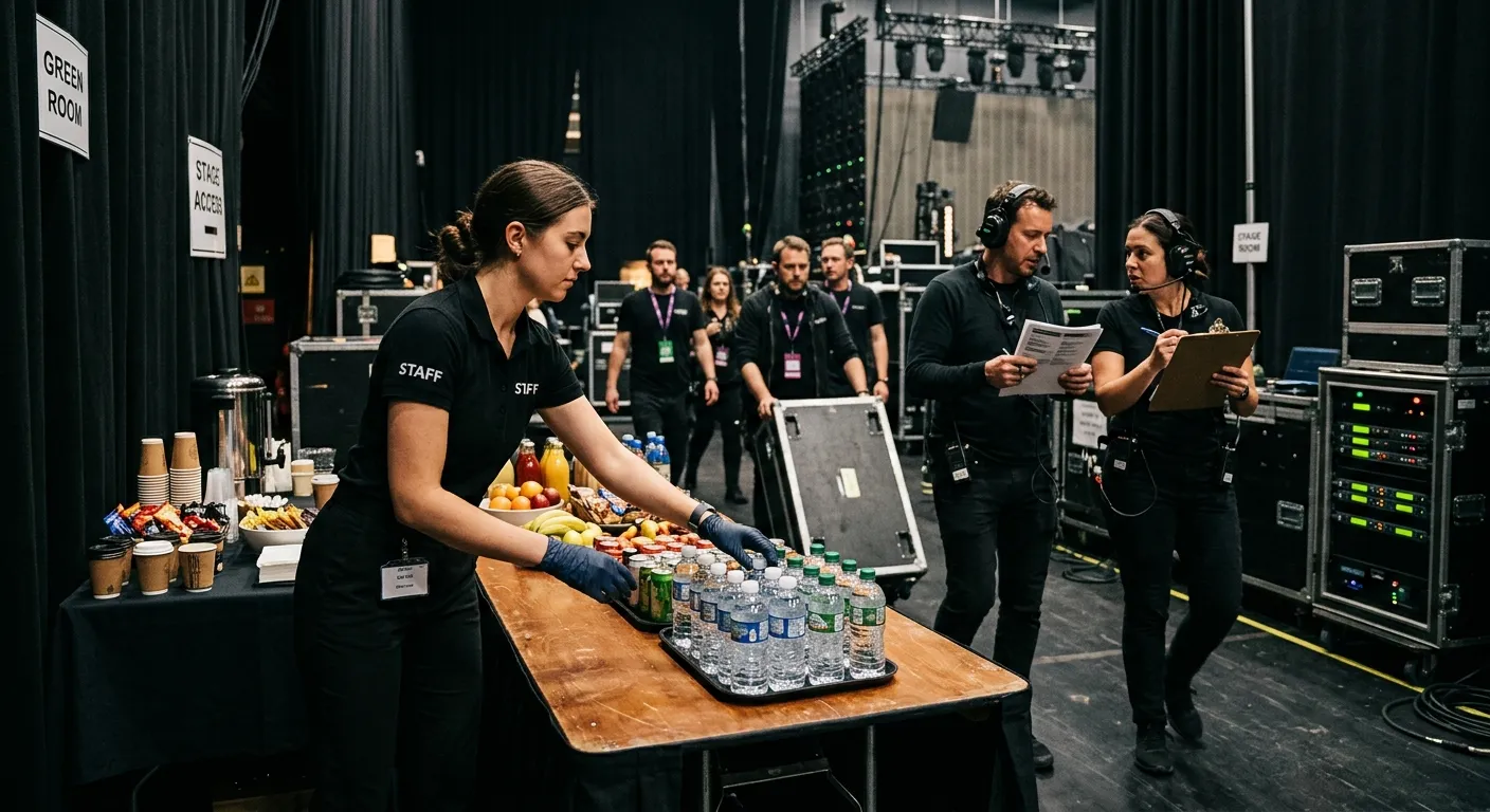 A dynamic, professional photo of a bustling event backstage area. A Green Room attendant in a black uniform is efficiently organizing refreshments on a table, while others in headsets coordinate in the background. The mood is professional, high-energy, and focused.