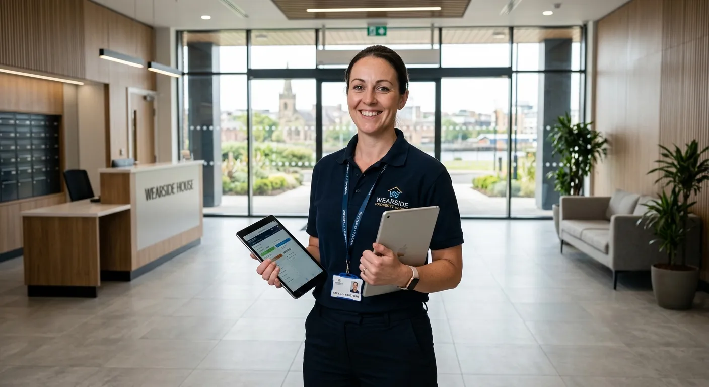 A professional, friendly caretaker in a clean, modern building lobby in Sunderland, holding a tablet and smiling. The image should convey trust, cleanliness, and professionalism.
