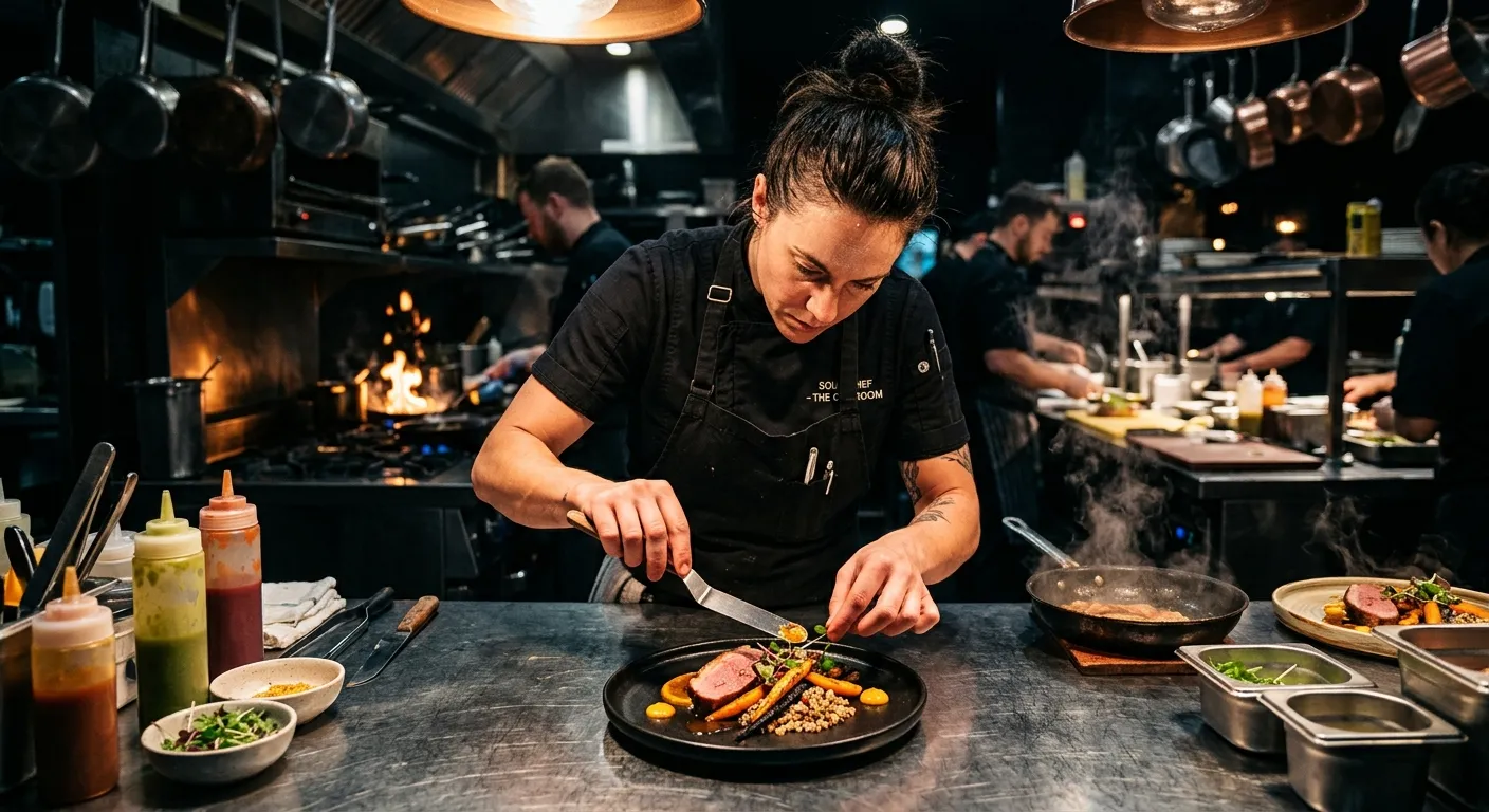 A dynamic, high-contrast kitchen scene featuring a professional sous chef in action, expertly platin... A dynamic, high-contrast kitchen scene featuring a professional sous chef in action, expertly plating a dish in a busy, high-end restaurant kitchen. Focus on sharp details, steam, and vibrant food colors against dark backgrounds.