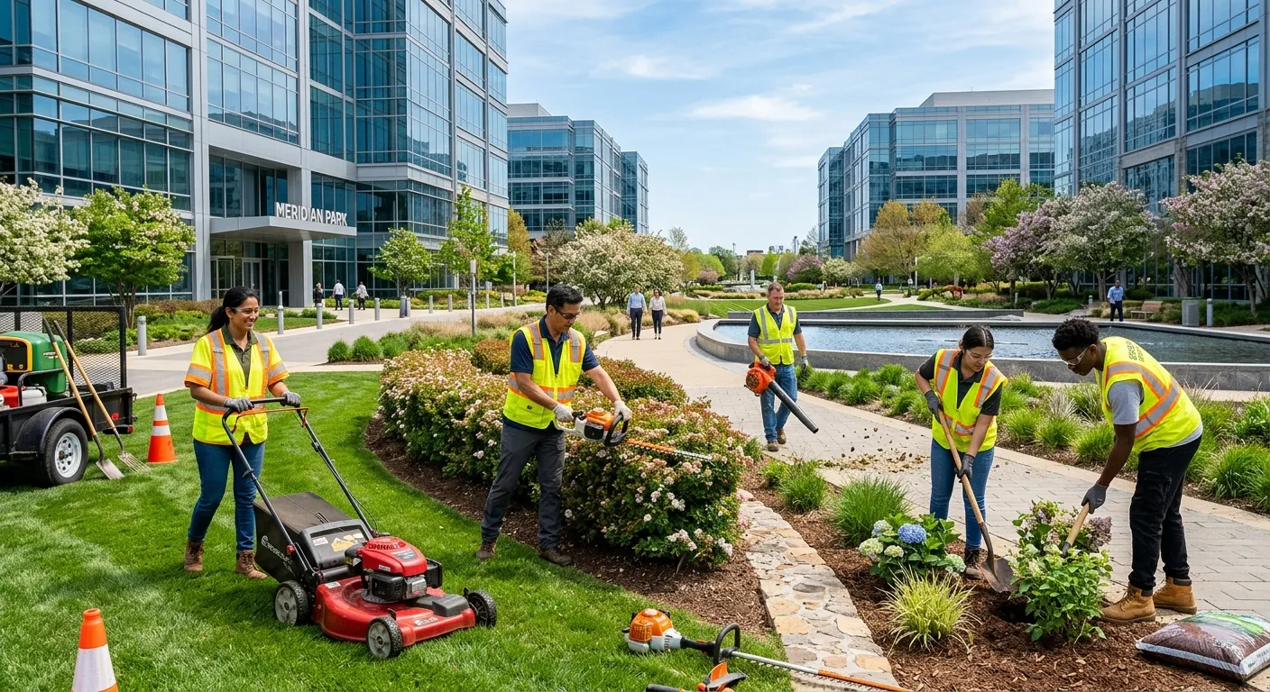 A diverse team of professional grounds maintenance workers in high-visibility vests, actively landscaping a corporate park on a sunny day. Modern, professional, and action-oriented mood.