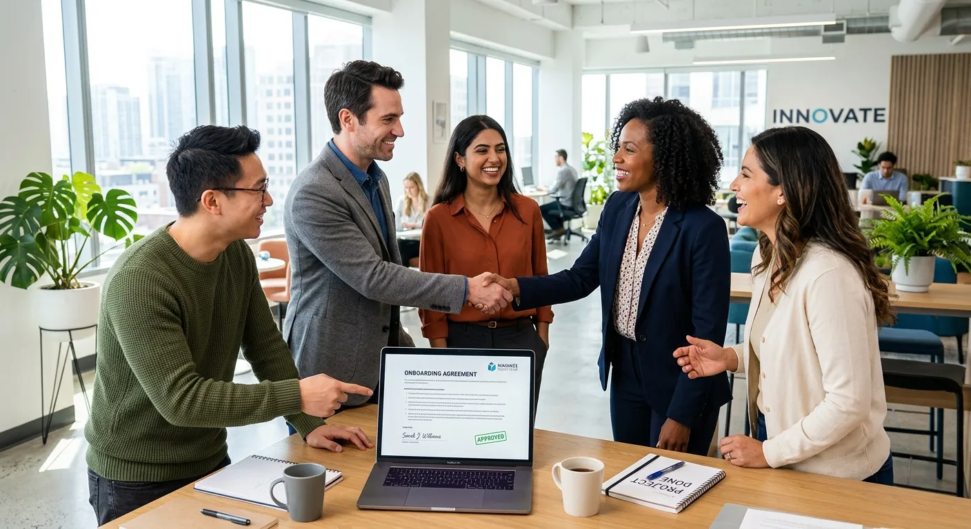 A modern, diverse group of professionals in a bright office setting, shaking hands and smiling. One... A modern, diverse group of professionals in a bright office setting, shaking hands and smiling. One person is pointing to a laptop screen showing a contract or onboarding document. Style: Professional, bright, and optimistic, conveying successful collaboration.