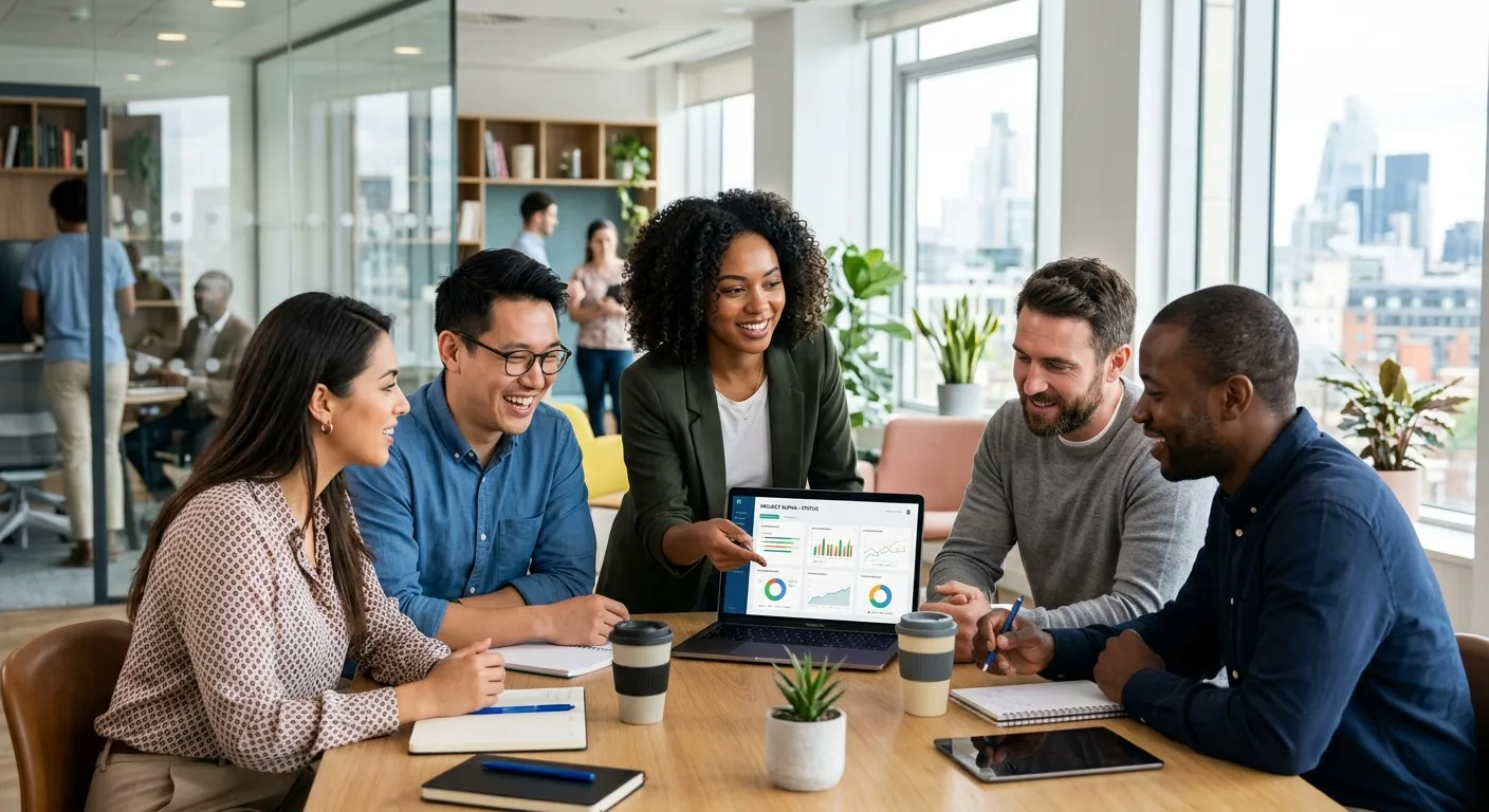 A modern, diverse team of professionals in a bright office collaborating over a laptop, looking engaged and productive. Style: Professional corporate photography, bright and optimistic mood.