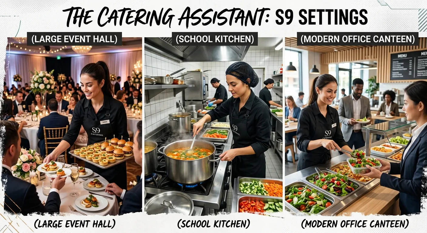 A dynamic collage showing a Catering Assistant in three different S9 settings: serving at a large event hall, preparing food in a school kitchen, and working in a modern office canteen.