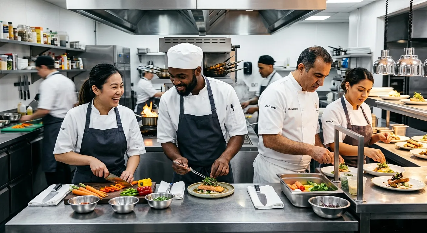 A high-contrast, professional photo of a diverse team of chef assistants in a modern, bustling comme... A high-contrast, professional photo of a diverse team of chef assistants in a modern, bustling commercial kitchen. They are prepping vegetables, plating dishes, and collaborating with a head chef. Focus on action, teamwork, and a clean, well-lit environment.