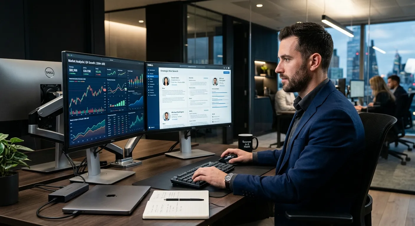 A professional, high-contrast image of a modern recruiter analyzing financial charts and candidate p... A professional, high-contrast image of a modern recruiter analyzing financial charts and candidate profiles on dual monitors in a sleek office, with a focused and successful atmosphere