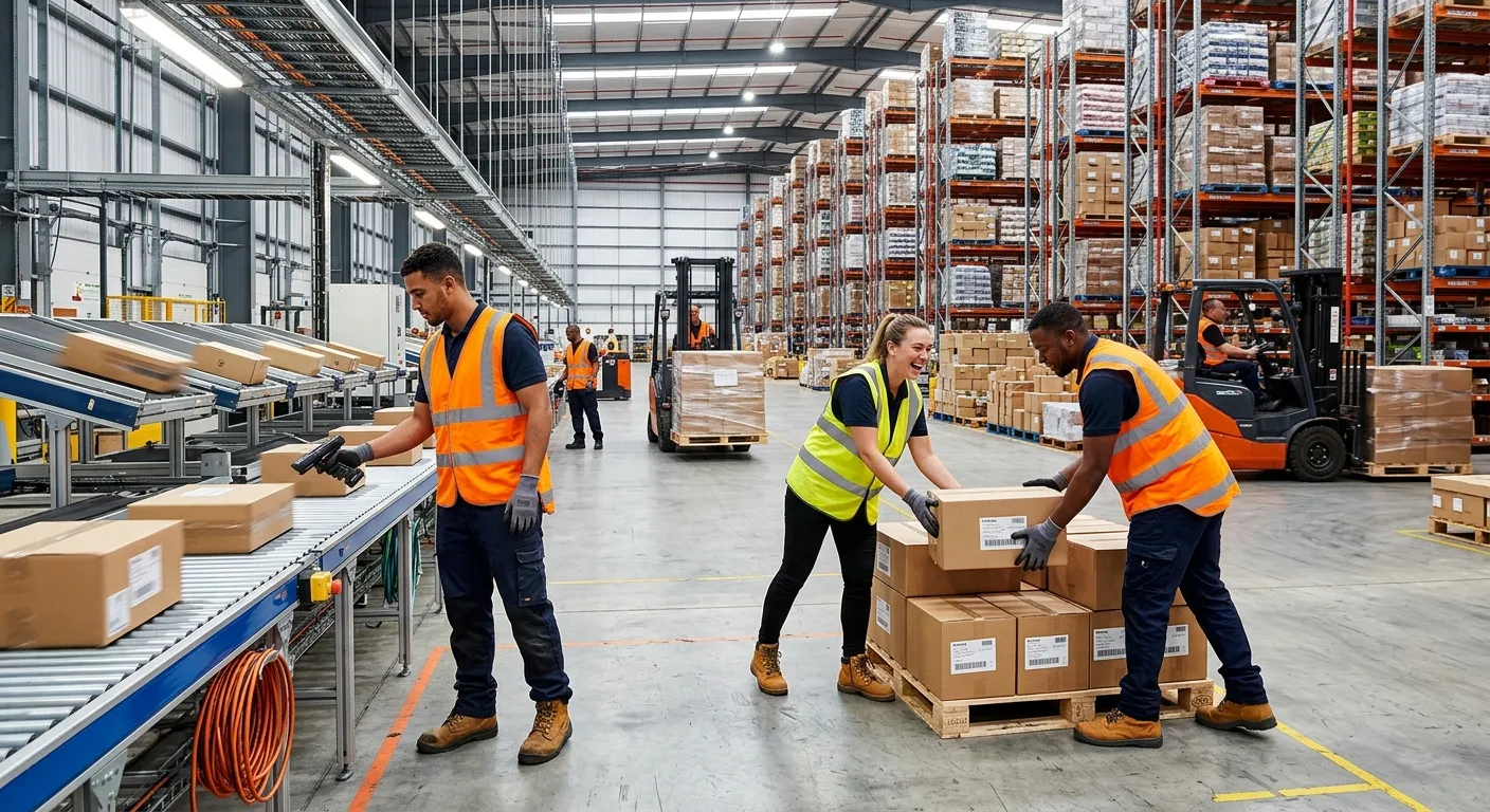 A dynamic, high-energy shot inside a modern, well-organized warehouse or light industrial facility.... A dynamic, high-energy shot inside a modern, well-organized warehouse or light industrial facility. Workers in high-visibility vests are collaborating efficiently with machinery and stacked goods in the background. Style: Professional, vibrant, and action-oriented. Mood: Productive, efficient, and scalable.