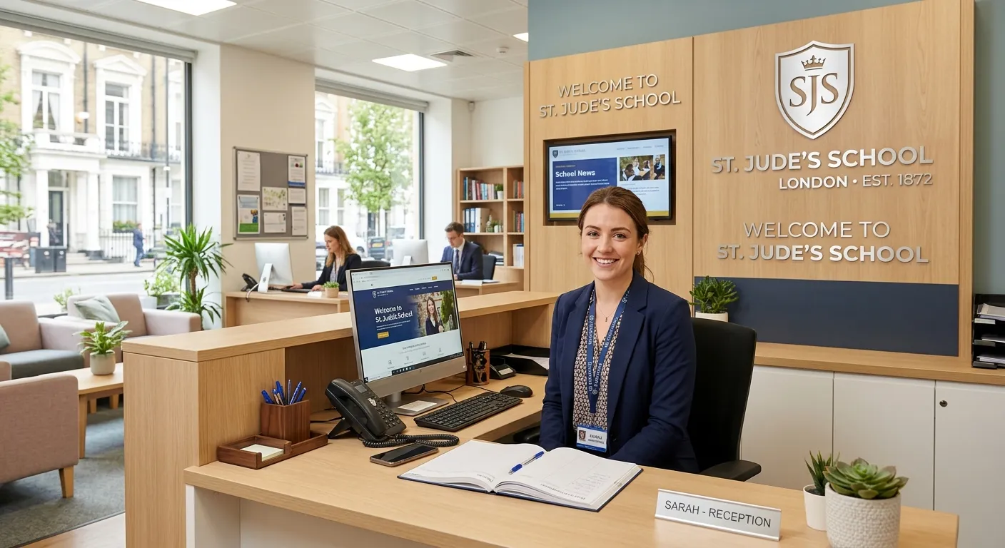 A professional, welcoming shot of a modern school reception or administrative office in London, feat... A professional, welcoming shot of a modern school reception or administrative office in London, featuring a friendly administrator at a desk with a computer, organisers, and school branding. Style: Bright, clean, and professional. Mood: Efficient, organised, and welcoming.