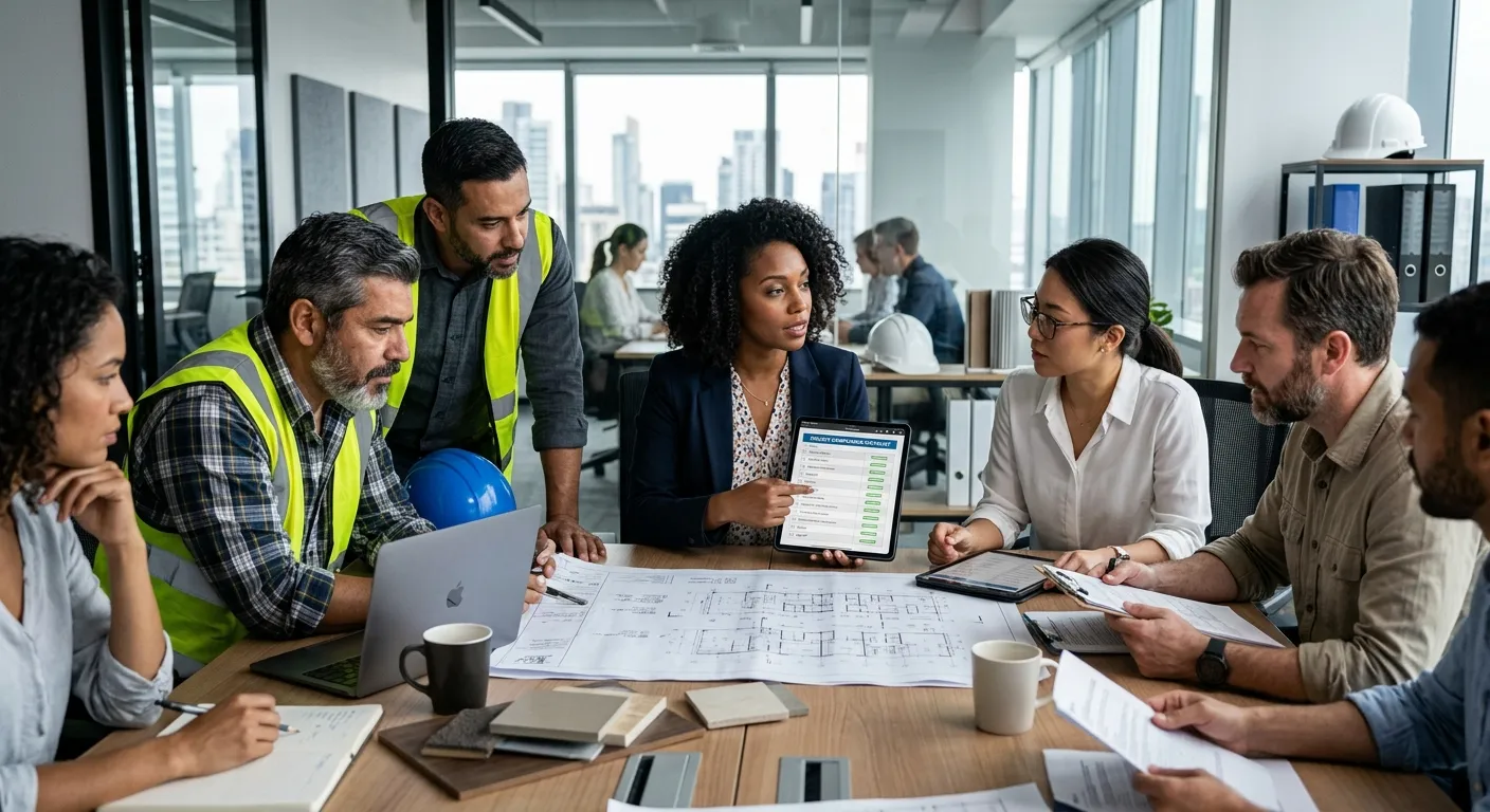 A professional, high-contrast image of a diverse team of contractors and managers collaborating in a... A professional, high-contrast image of a diverse team of contractors and managers collaborating in a modern office. A manager holds a tablet showing a compliance checklist. Style: professional, sharp, focused on documents and technology. Mood: confident, secure, and efficient.