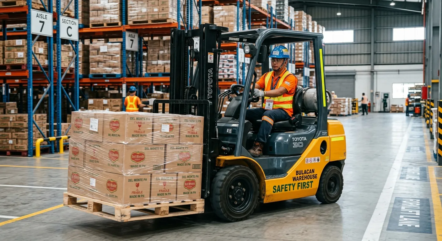 A dynamic, professional photo of a certified forklift operator in a modern, well-organized warehouse... A dynamic, professional photo of a certified forklift operator in a modern, well-organized warehouse in Bulacan, expertly maneuvering a pallet. The style is crisp and high-contrast, emphasizing safety gear and efficiency.