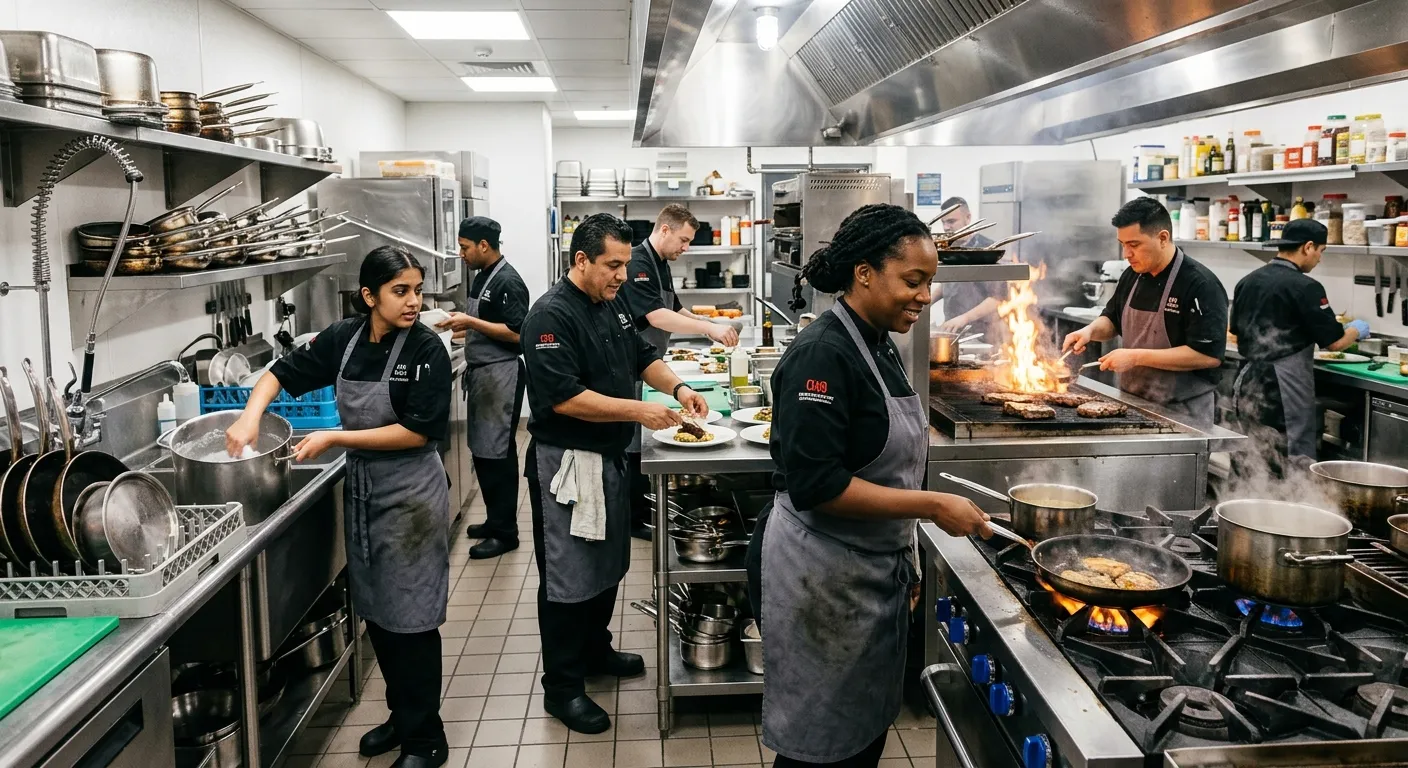 A dynamic, high-energy kitchen scene in a professional restaurant. A diverse team of chefs and porters are in action during a busy service, showcasing collaboration and skill. Modern, bright, and professional mood.