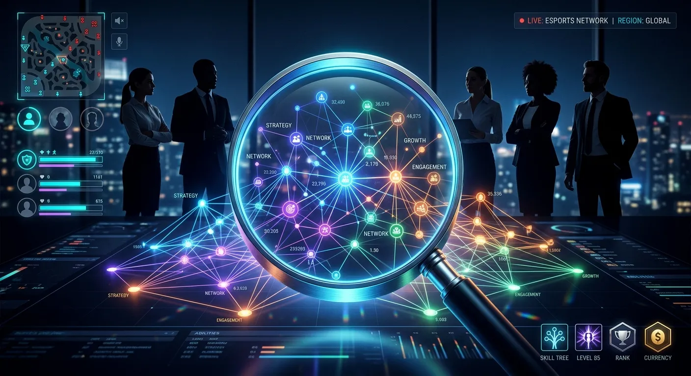 A professional, conceptual hero image showing a magnifying glass over a glowing digital network graph, with silhouettes of diverse professionals and subtle gaming UI elements in the background. Style: Modern, tech-inspired, high-contrast. Mood: Strategic, connected, and elite.