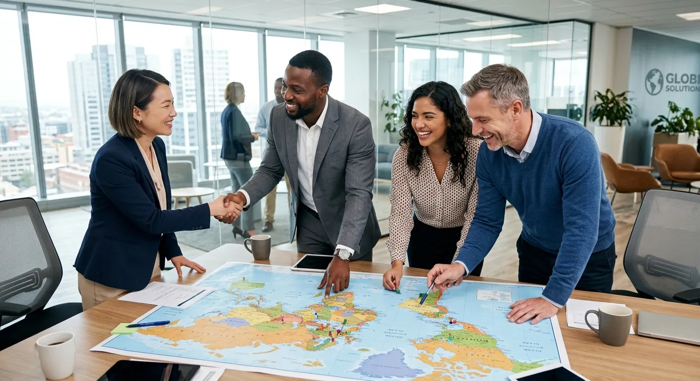 A diverse group of professional, happy employees from various ethnic backgrounds in a modern office setting, shaking hands and collaborating over a world map. Professional, bright, and aspirational mood.