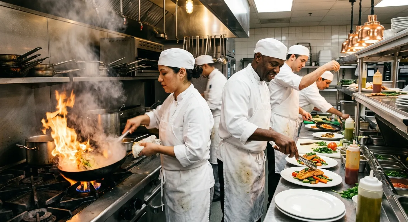 A dynamic, professional kitchen scene with a diverse team of chefs in crisp whites preparing dishes.... A dynamic, professional kitchen scene with a diverse team of chefs in crisp whites preparing dishes. Focus on action, steam, and vibrant food colors, shot from a low angle to convey energy and skill.