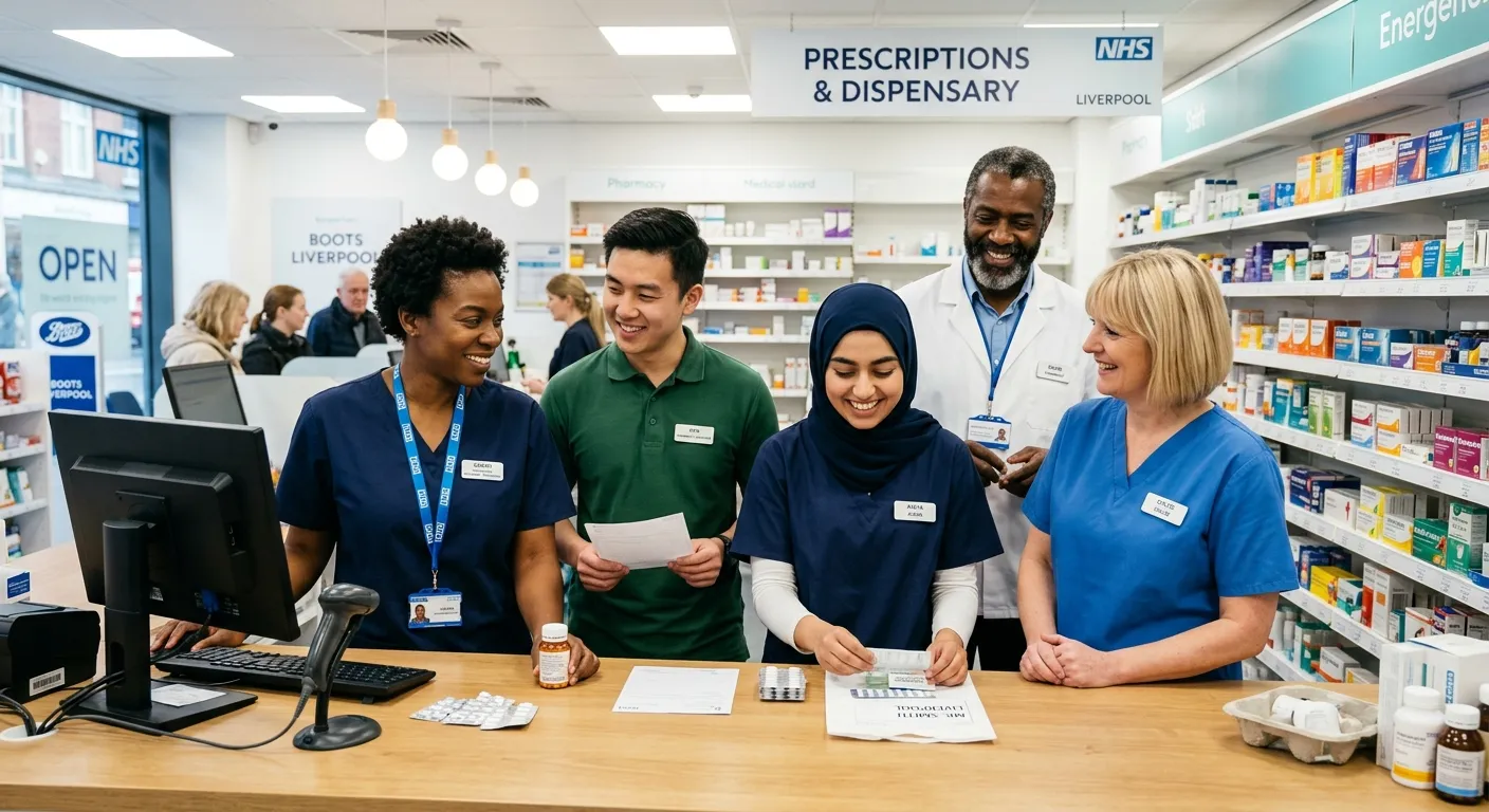 A professional, diverse team of Pharmacy Assistants and Technicians in a modern, well-lit Liverpool pharmacy setting, smiling and collaborating. Style: Authentic, high-resolution stock photo conveying teamwork and a healthcare environment.