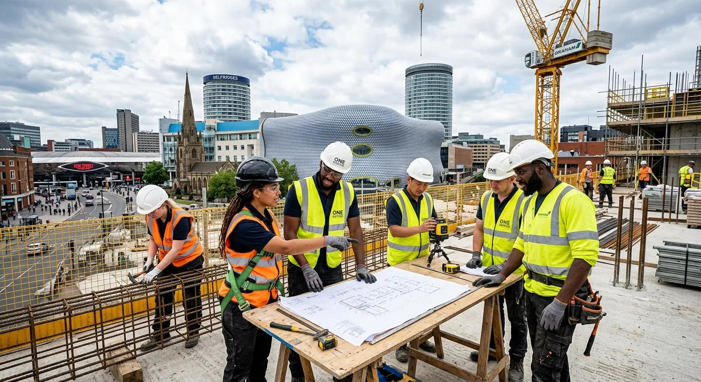 A professional, high-energy photograph of a diverse team of construction workers collaborating on a... A professional, high-energy photograph of a diverse team of construction workers collaborating on a modern building site in Birmingham city centre, with the Bullring and Rotunda visible in the background. The mood is focused, skilled, and productive.