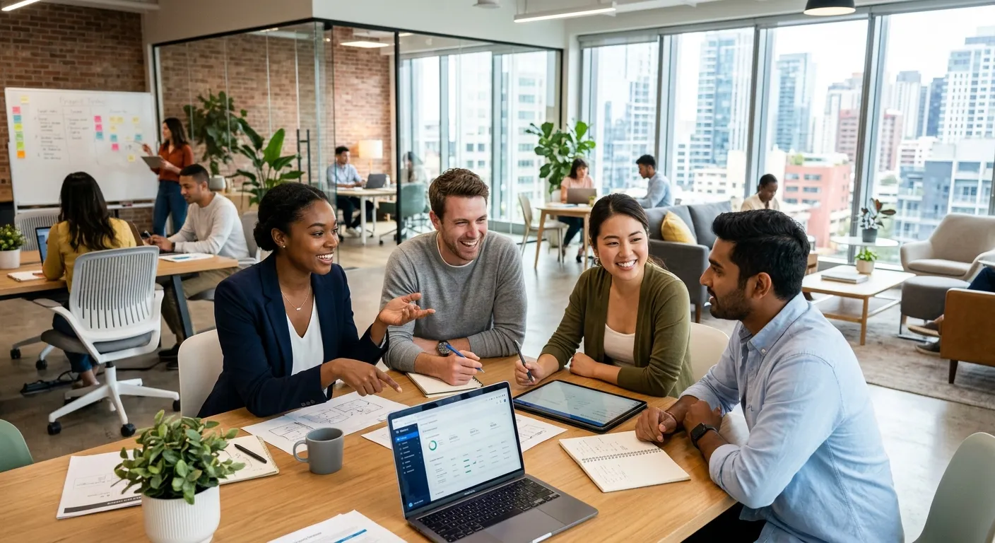 A modern, diverse team of professionals collaborating in a bright, open-plan office. Style is profes... A modern, diverse team of professionals collaborating in a bright, open-plan office. Style is professional and aspirational, with a focus on flexibility and teamwork.
