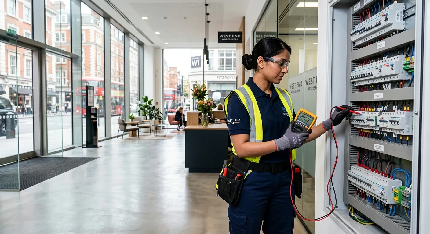A professional, dynamic image of a maintenance technician in clean, practical workwear, engaged in a... A professional, dynamic image of a maintenance technician in clean, practical workwear, engaged in a task like using a digital multimeter or inspecting equipment, with a modern, well-lit commercial building interior in West End London W1 in the background, conveying competence and immediate availability.