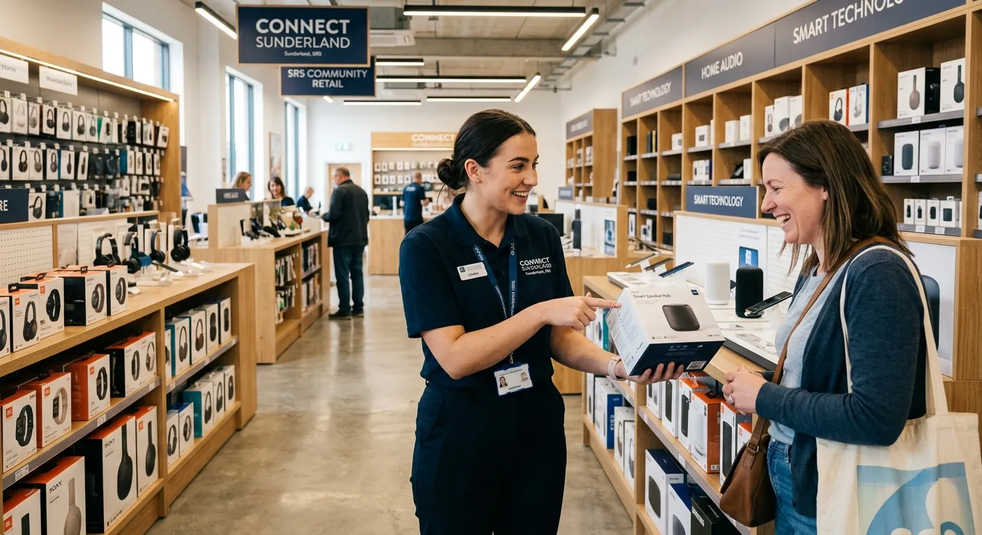 A modern, well-lit retail store in Sunderland, SR5. A confident Sales Assistant in a branded uniform... A modern, well-lit retail store in Sunderland, SR5. A confident Sales Assistant in a branded uniform is helping a customer choose a product, with shelves neatly stocked in the background.