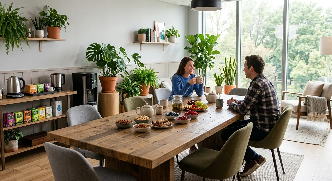 A modern, inviting break room with lush green plants, a wooden table with assorted teas and healthy snacks, and comfortable seating in natural light. Style: Calm, professional, and welcoming.